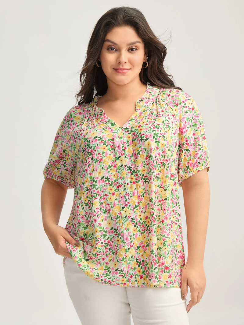 Floral Print Puff Sleeve Flowy Blouse