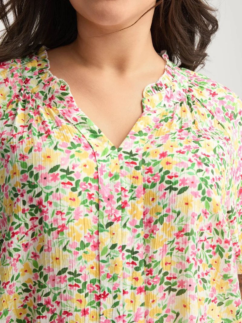 Floral Print Puff Sleeve Flowy Blouse