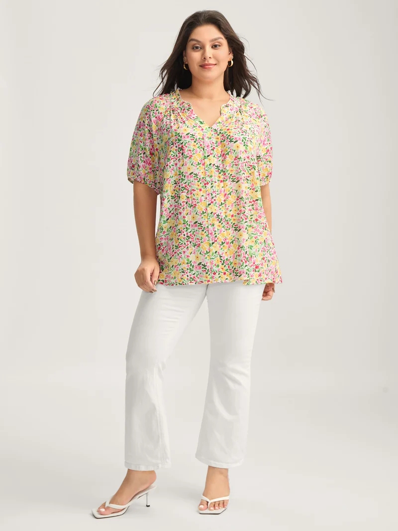 Floral Print Puff Sleeve Flowy Blouse