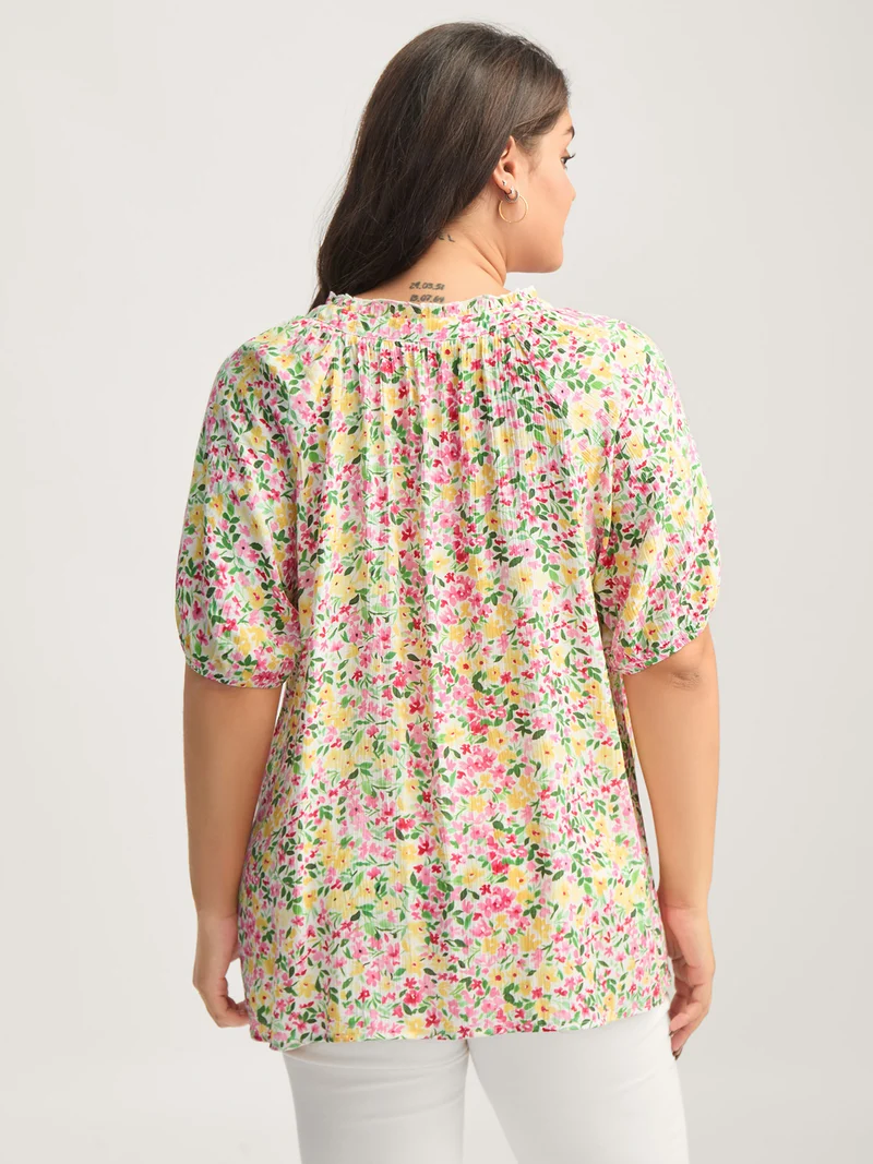 Floral Print Puff Sleeve Flowy Blouse