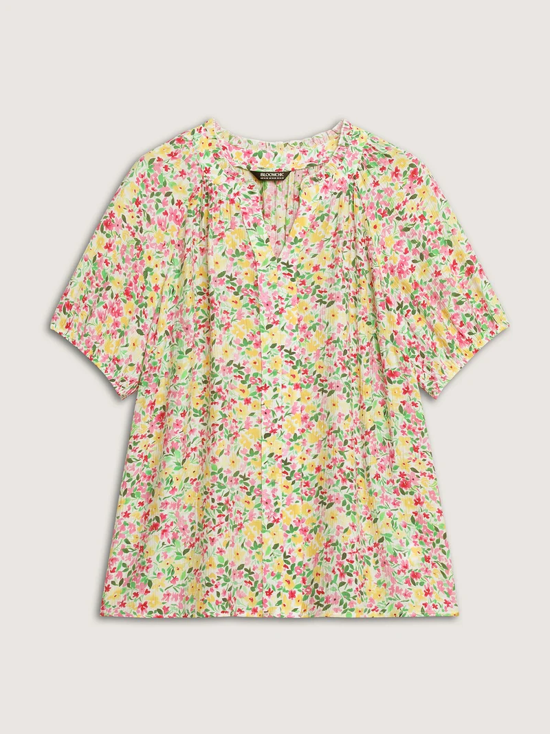 Floral Print Puff Sleeve Flowy Blouse