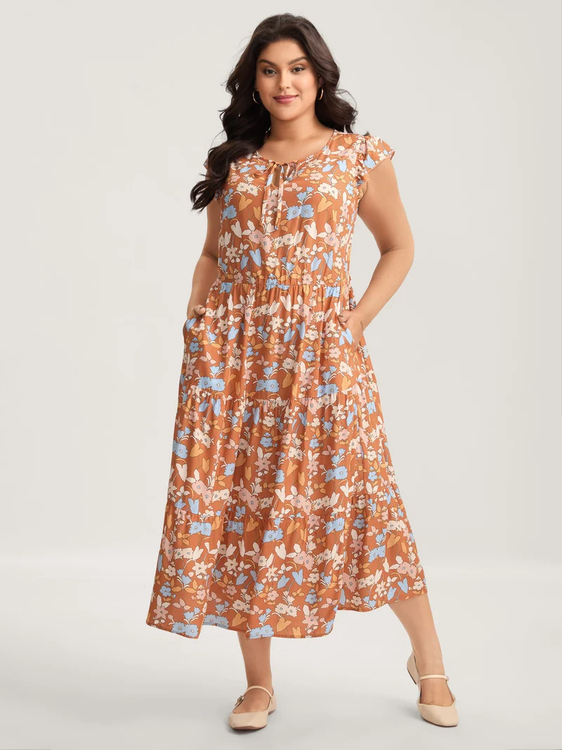 Rayon Floral Stretchy Waist Pockets Midi Dress