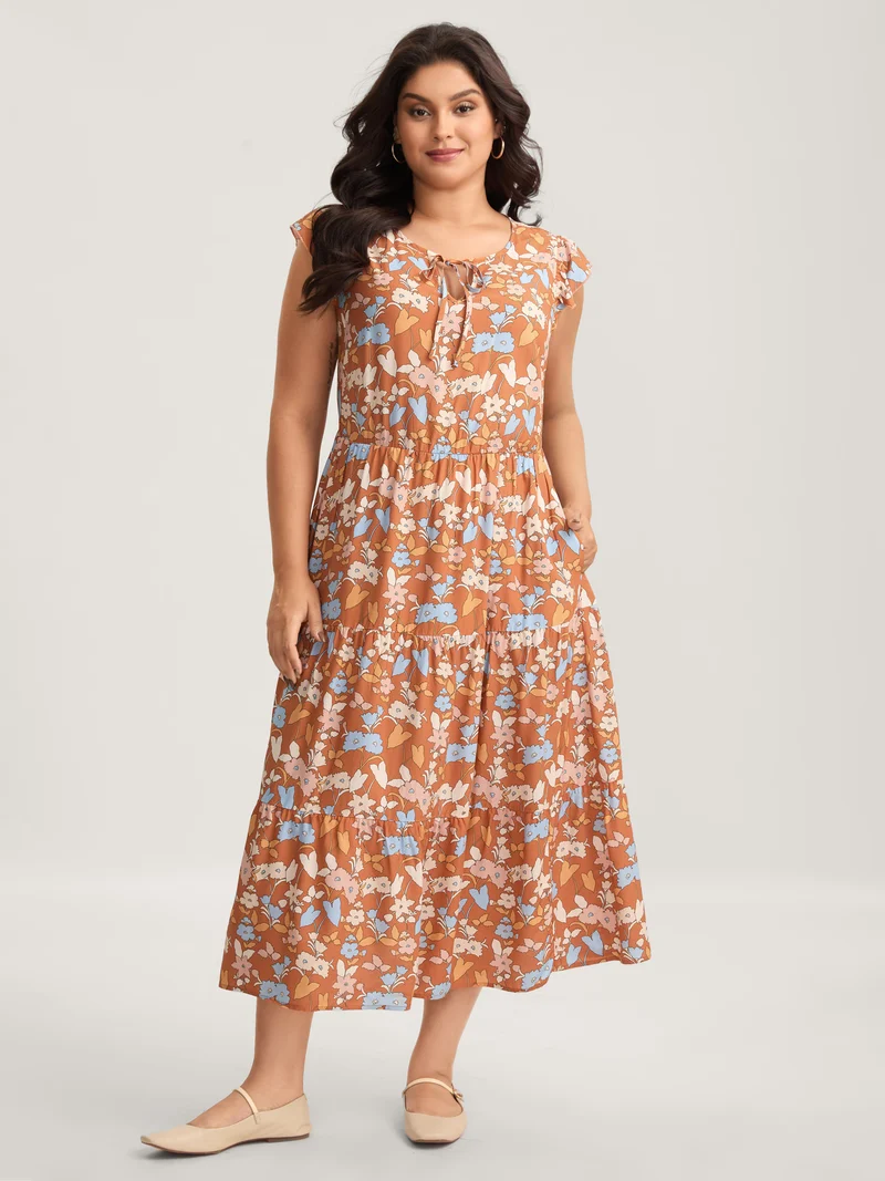 Rayon Floral Stretchy Waist Pockets Midi Dress