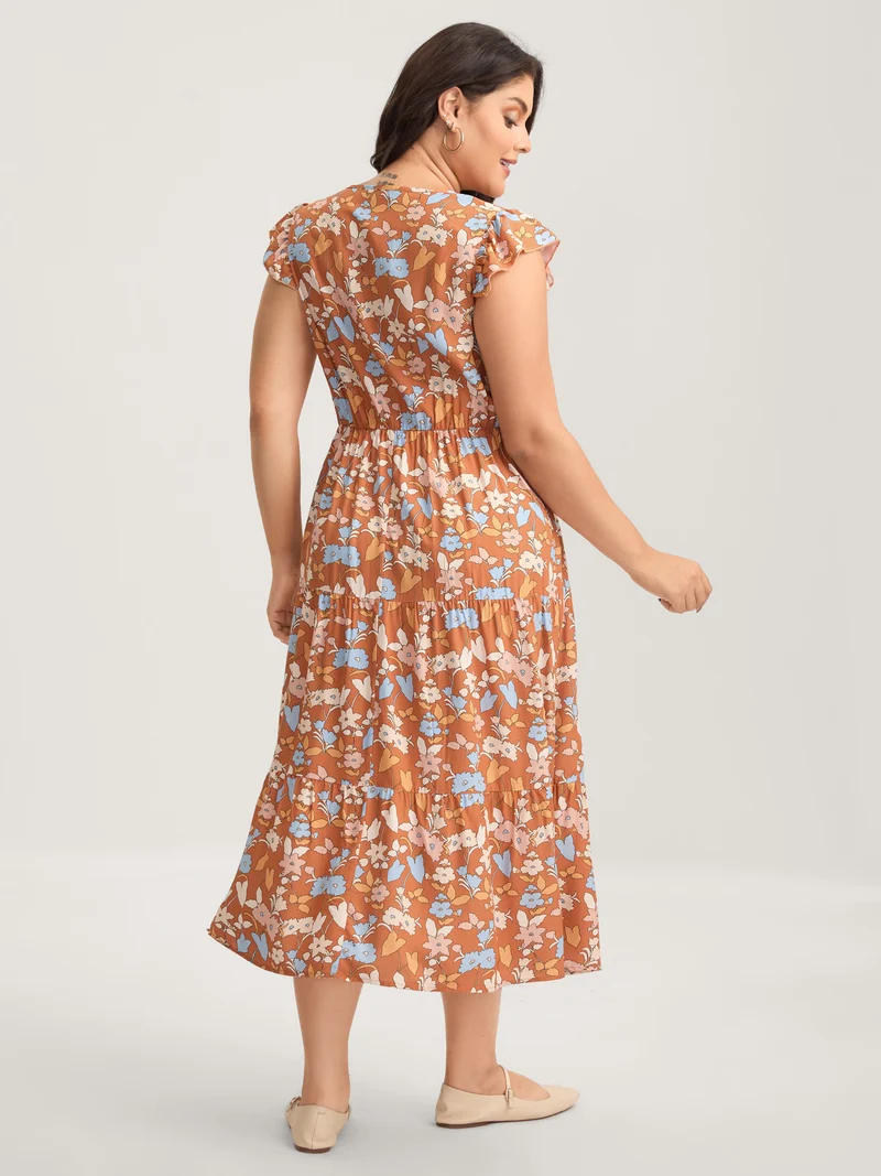Rayon Floral Stretchy Waist Pockets Midi Dress