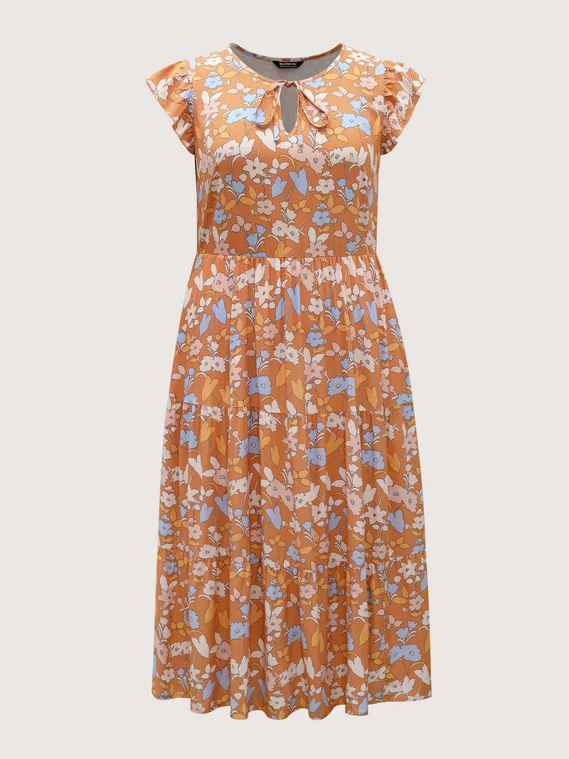 Rayon Floral Stretchy Waist Pockets Midi Dress
