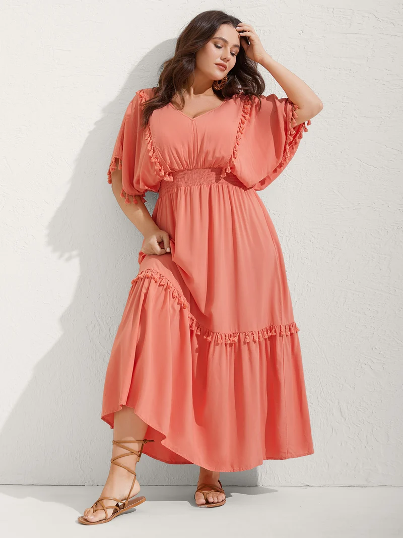 Shirred Waist Tassels Tiered Solid Maxi Dress