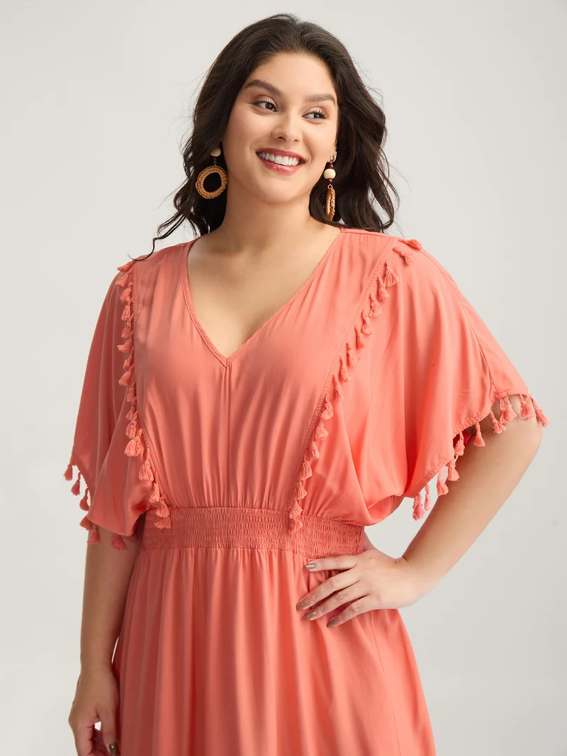 Shirred Waist Tassels Tiered Solid Maxi Dress