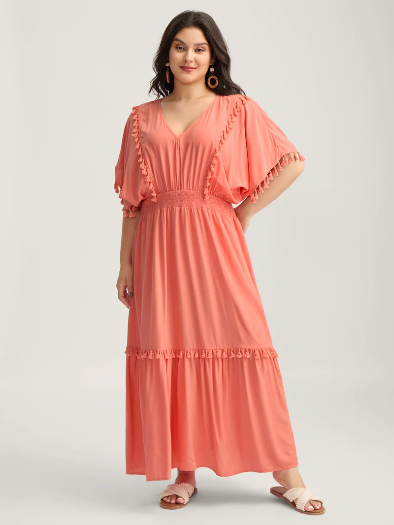 Shirred Waist Tassels Tiered Solid Maxi Dress