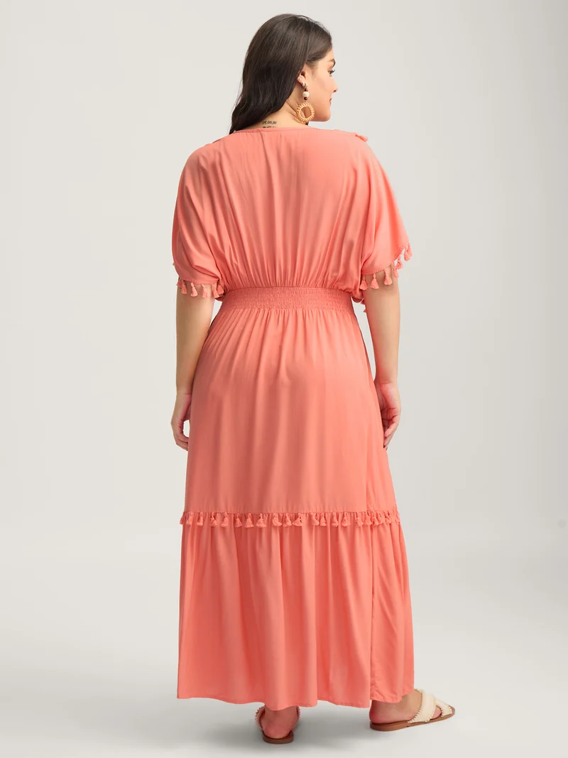 Shirred Waist Tassels Tiered Solid Maxi Dress