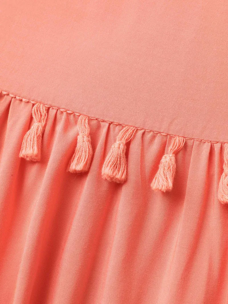 Shirred Waist Tassels Tiered Solid Maxi Dress