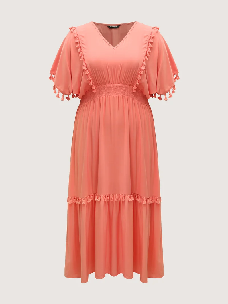 Shirred Waist Tassels Tiered Solid Maxi Dress