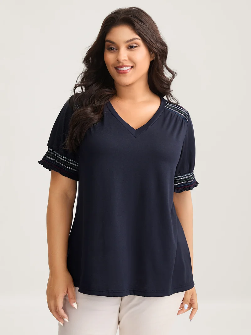 Stretchy Colorful Spliced Shirred T-Shirt