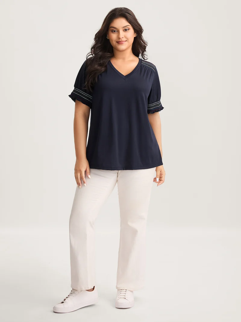 Stretchy Colorful Spliced Shirred T-Shirt