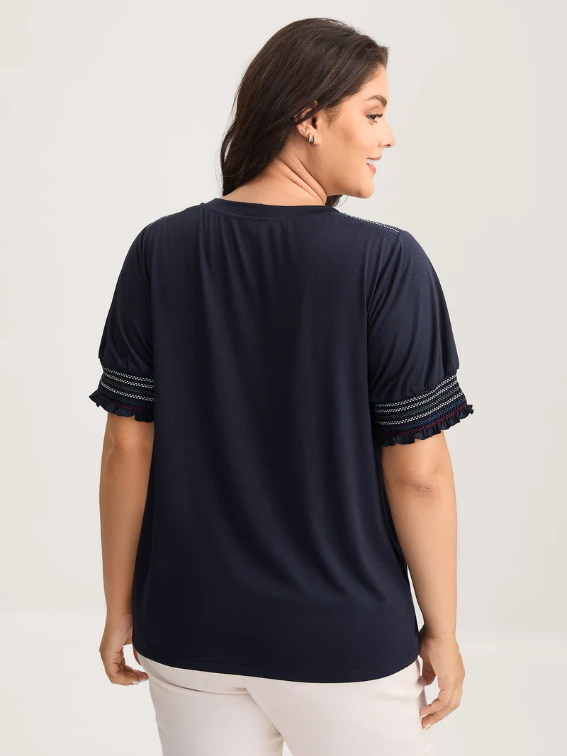 Stretchy Colorful Spliced Shirred T-Shirt