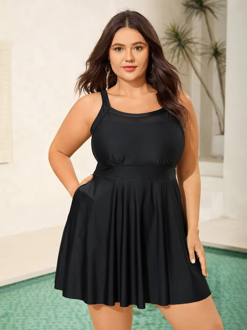 Sheer Round Neck Pockets Swim Dress