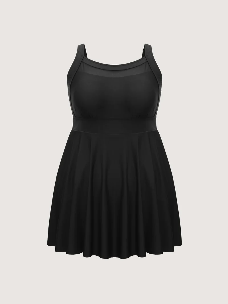 Sheer Round Neck Pockets Swim Dress