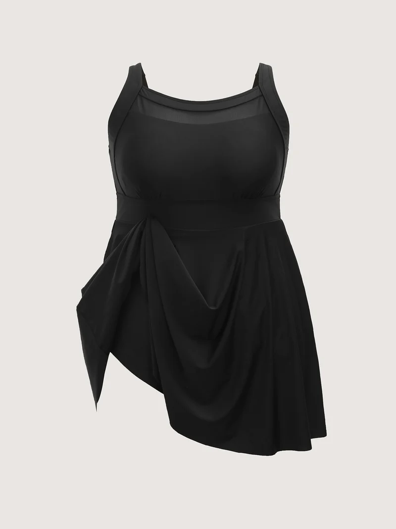 Sheer Round Neck Pockets Swim Dress