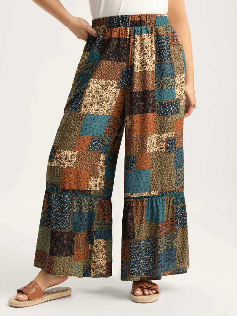 Floral Collage Lace Spliced Wide-Leg Pants