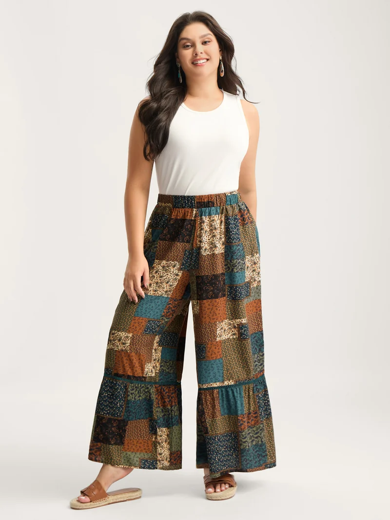 Floral Collage Lace Spliced Wide-Leg Pants