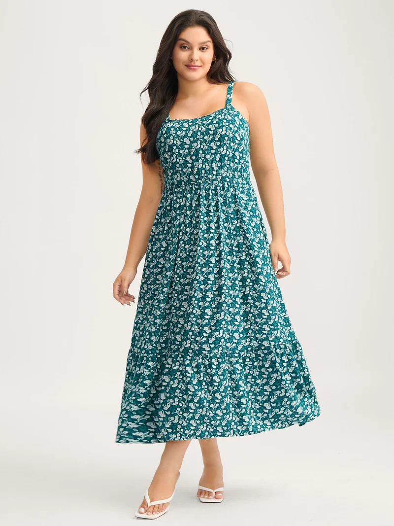 Rayon Ditsy Floral Print Pockets Midi Dress