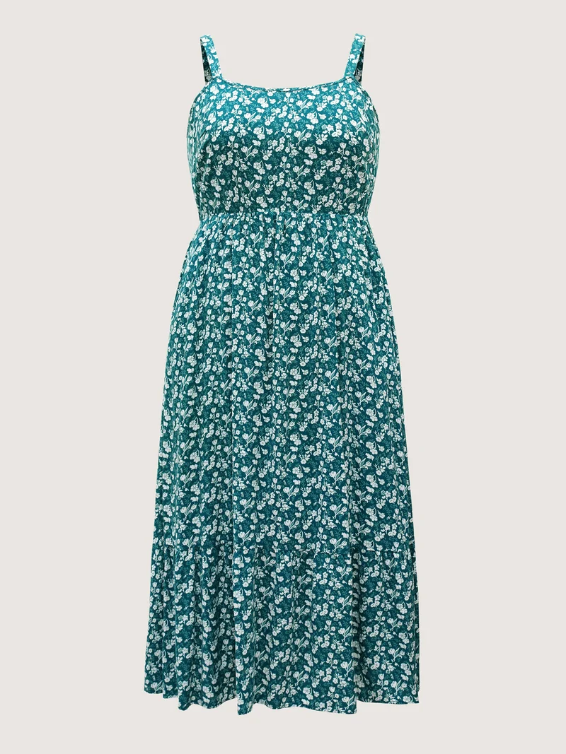 Rayon Ditsy Floral Print Pockets Midi Dress