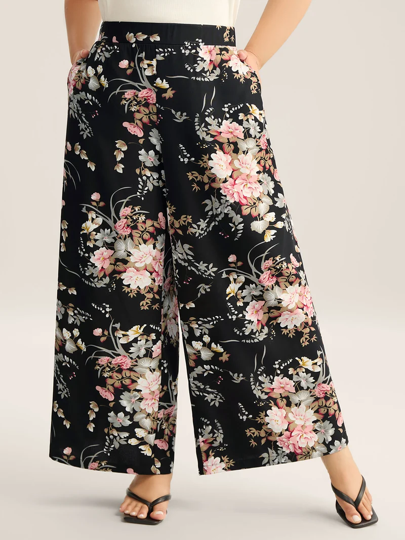 Floral Print Pockets Wide-Leg Pants