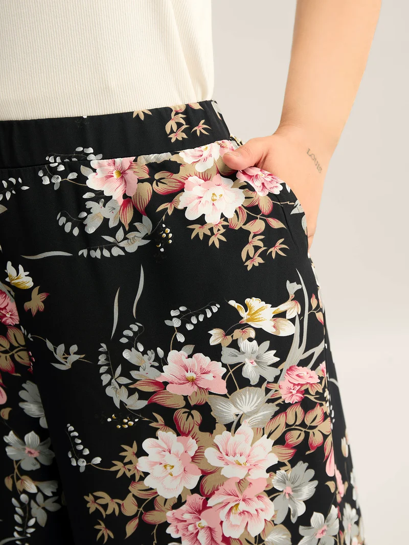 Floral Print Pockets Wide-Leg Pants