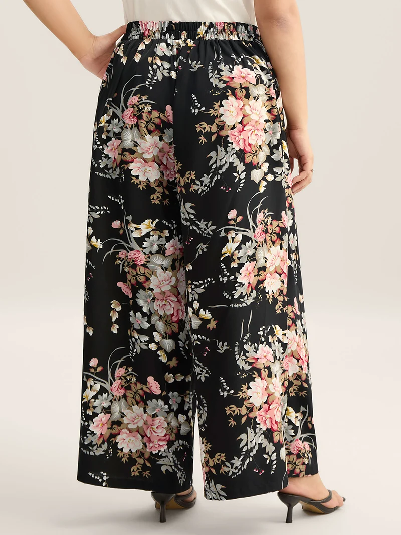 Floral Print Pockets Wide-Leg Pants