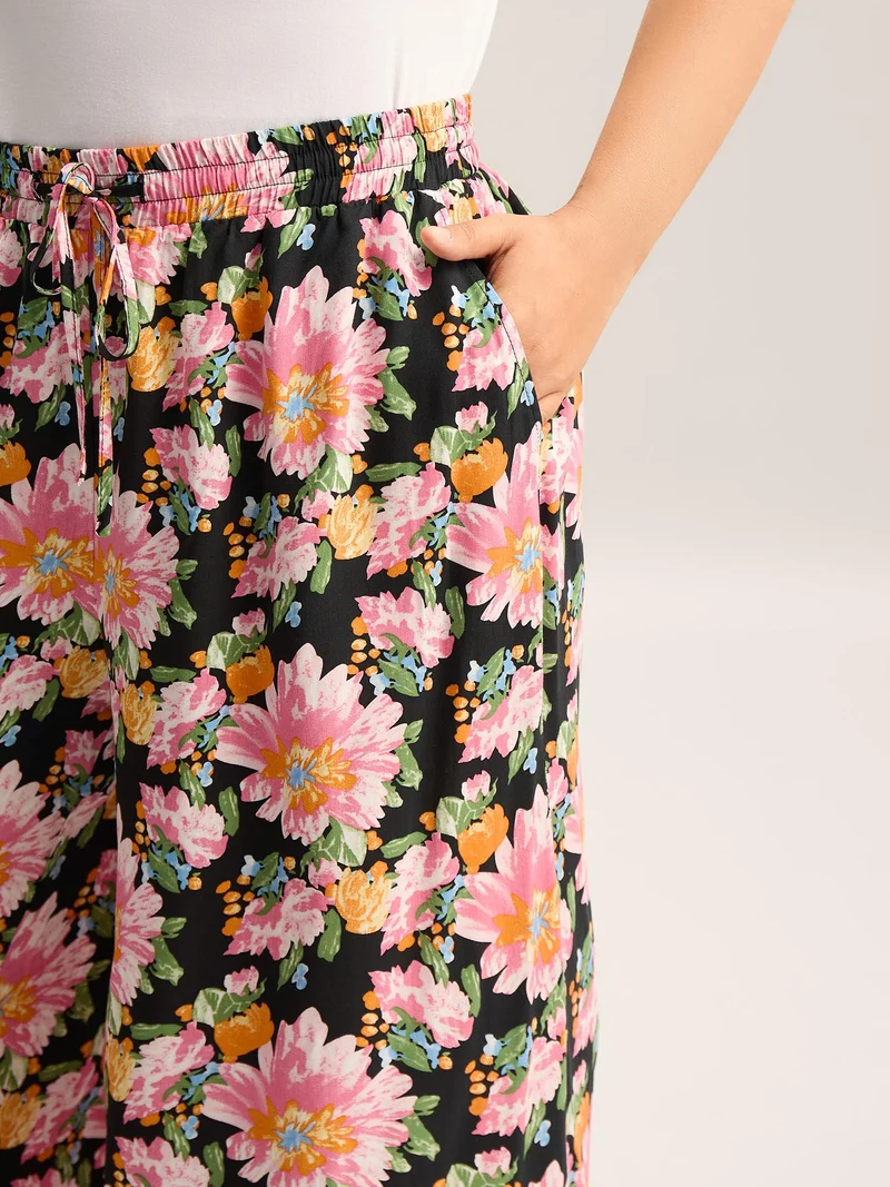 Rayon Blushing Floral Print Wide-Leg Pants