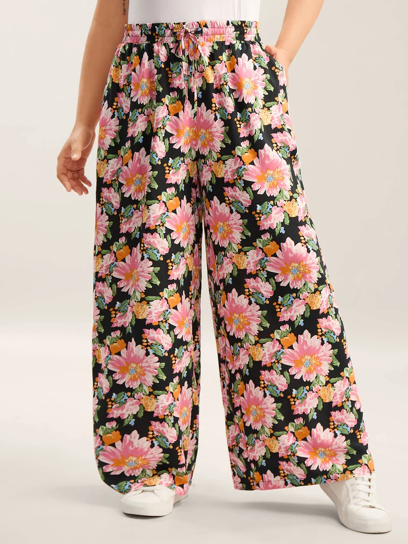 Rayon Blushing Floral Print Wide-Leg Pants