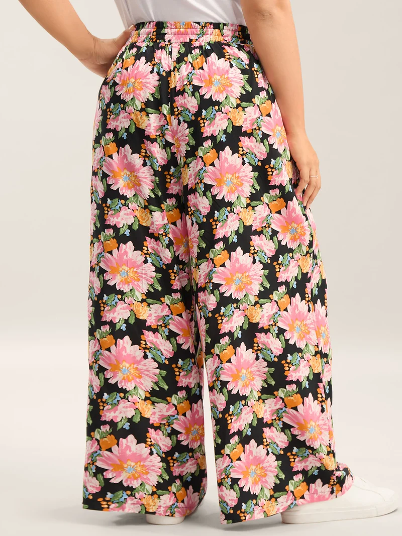 Rayon Blushing Floral Print Wide-Leg Pants