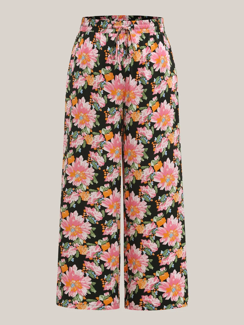 Rayon Blushing Floral Print Wide-Leg Pants