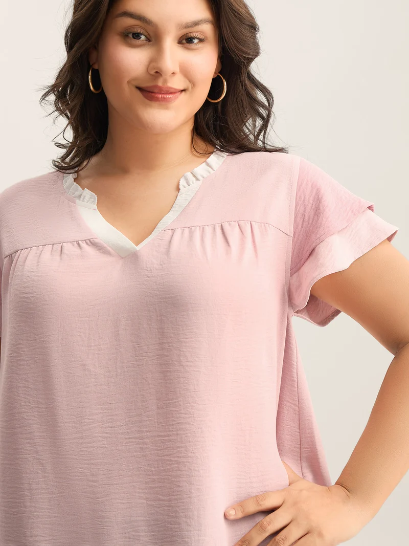Color Contrast Ruffled Notched Collar Blouse
