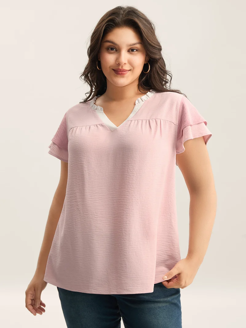 Color Contrast Ruffled Notched Collar Blouse