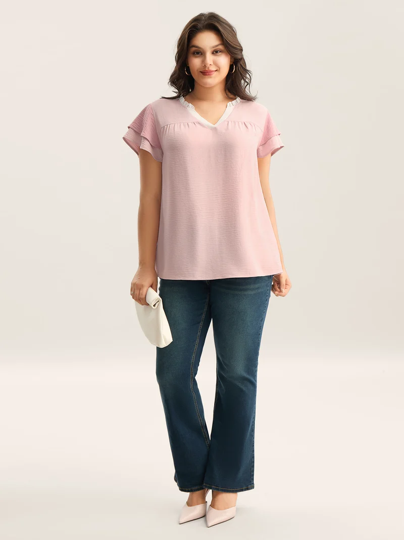 Color Contrast Ruffled Notched Collar Blouse