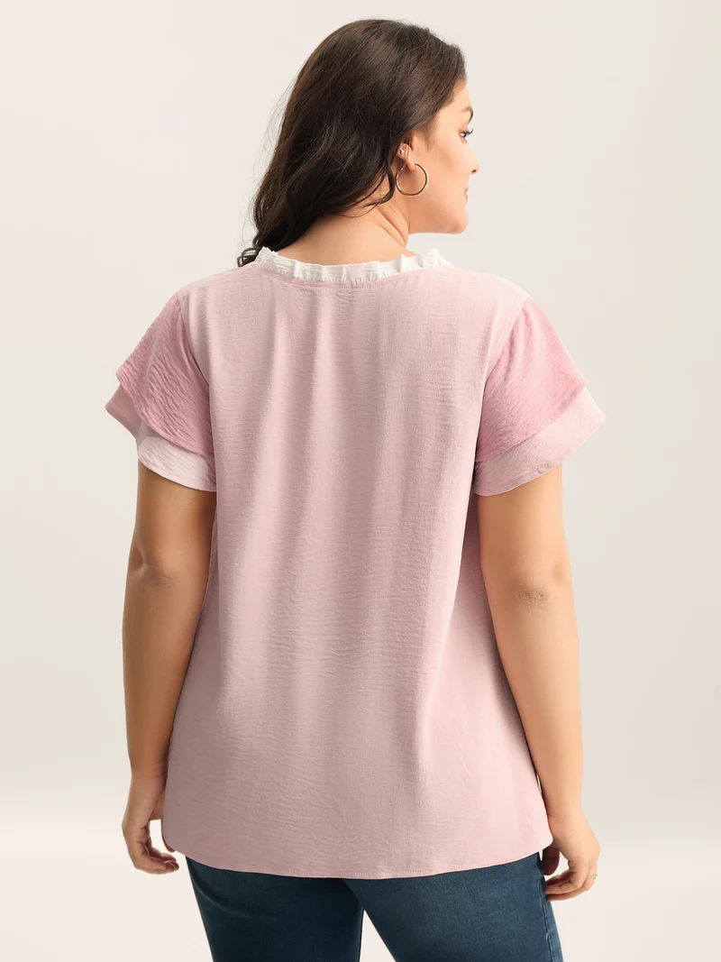 Color Contrast Ruffled Notched Collar Blouse