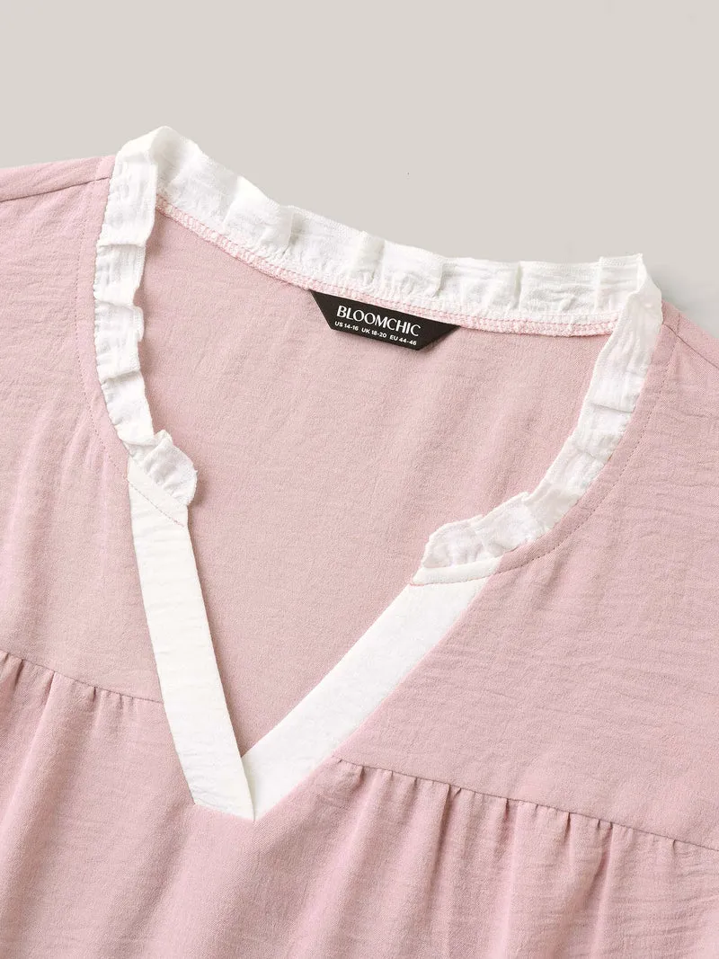 Color Contrast Ruffled Notched Collar Blouse