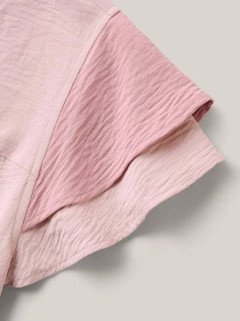 Color Contrast Ruffled Notched Collar Blouse