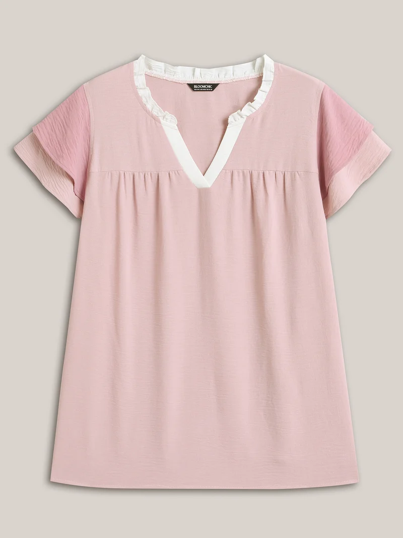 Color Contrast Ruffled Notched Collar Blouse