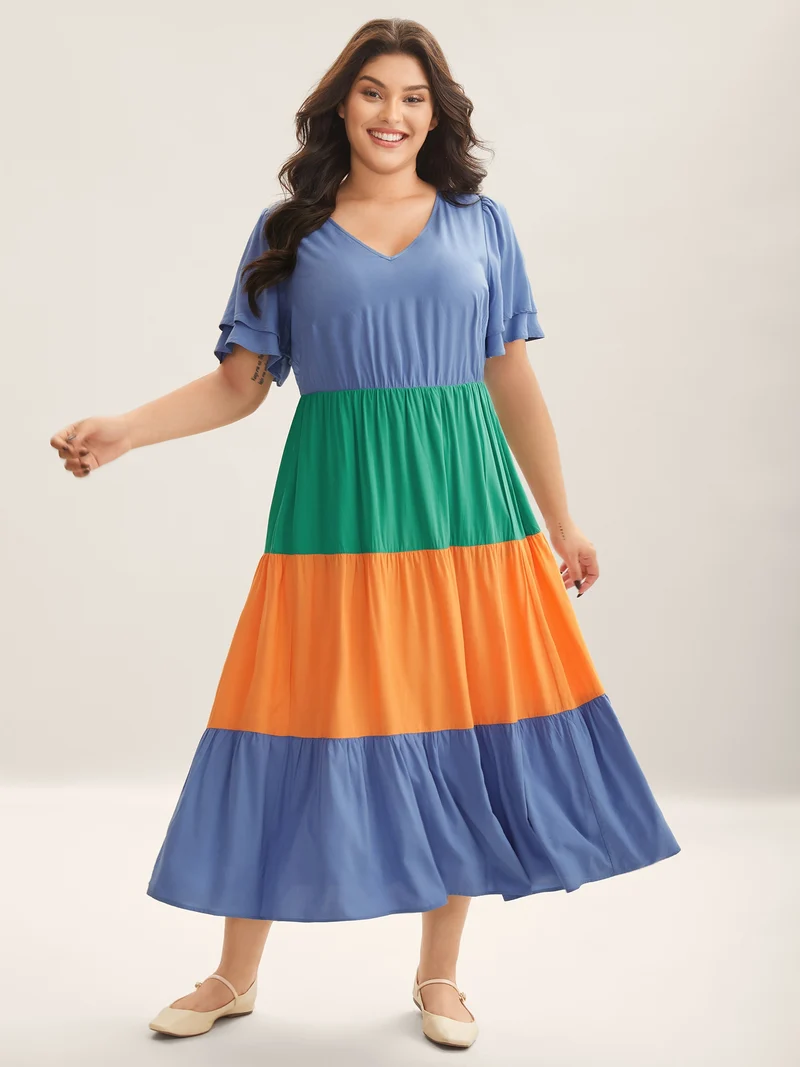 Rayon Color Block Layered Sleeve Maxi Dress