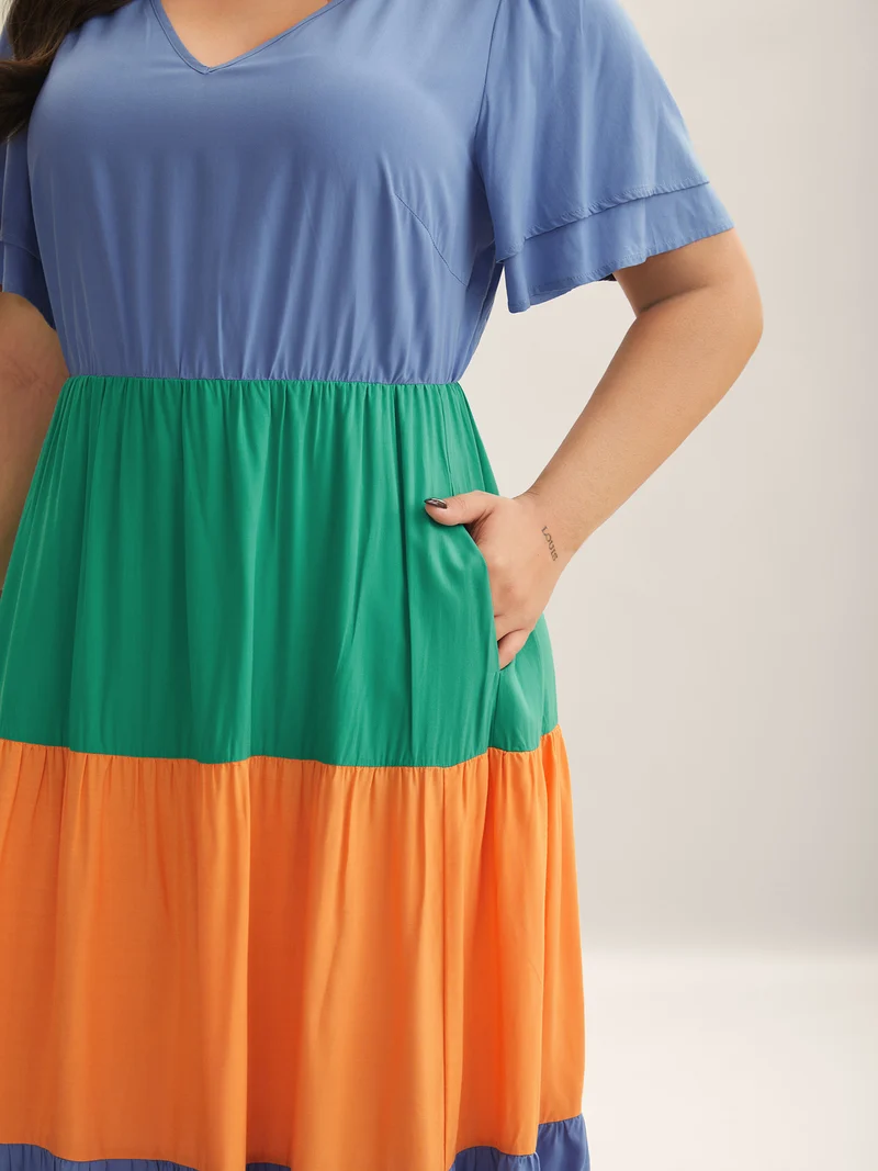 Rayon Color Block Layered Sleeve Maxi Dress