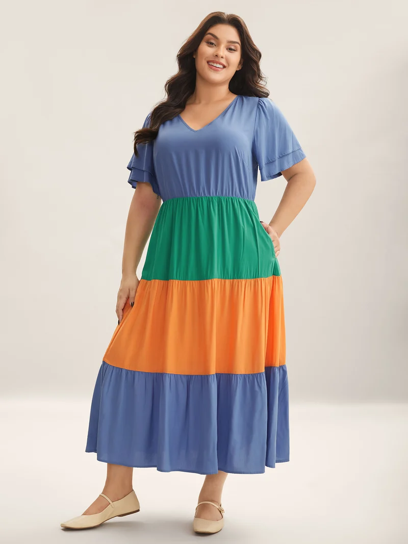 Rayon Color Block Layered Sleeve Maxi Dress