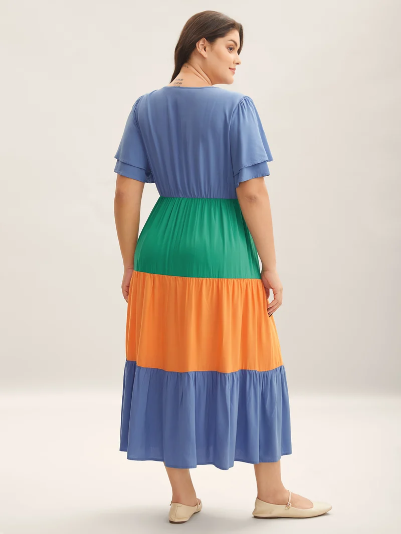 Rayon Color Block Layered Sleeve Maxi Dress
