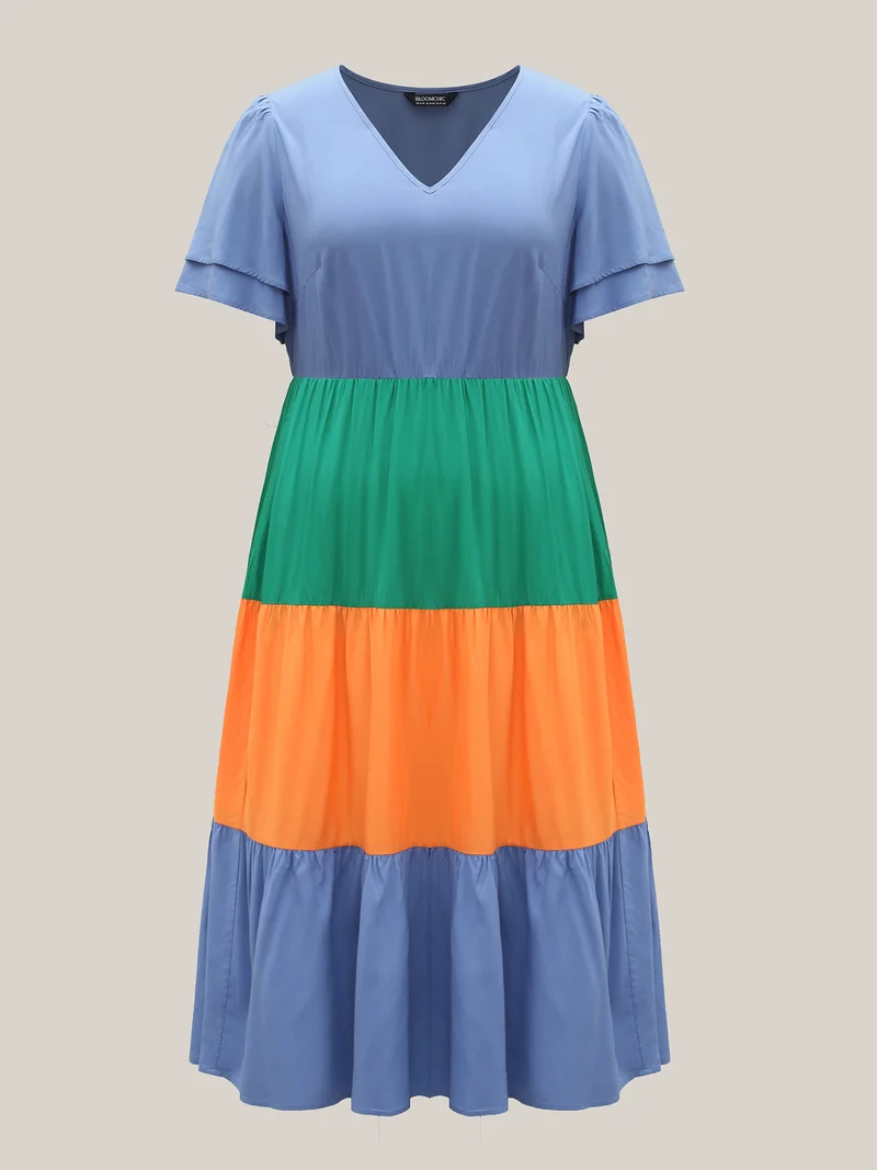 Rayon Color Block Layered Sleeve Maxi Dress