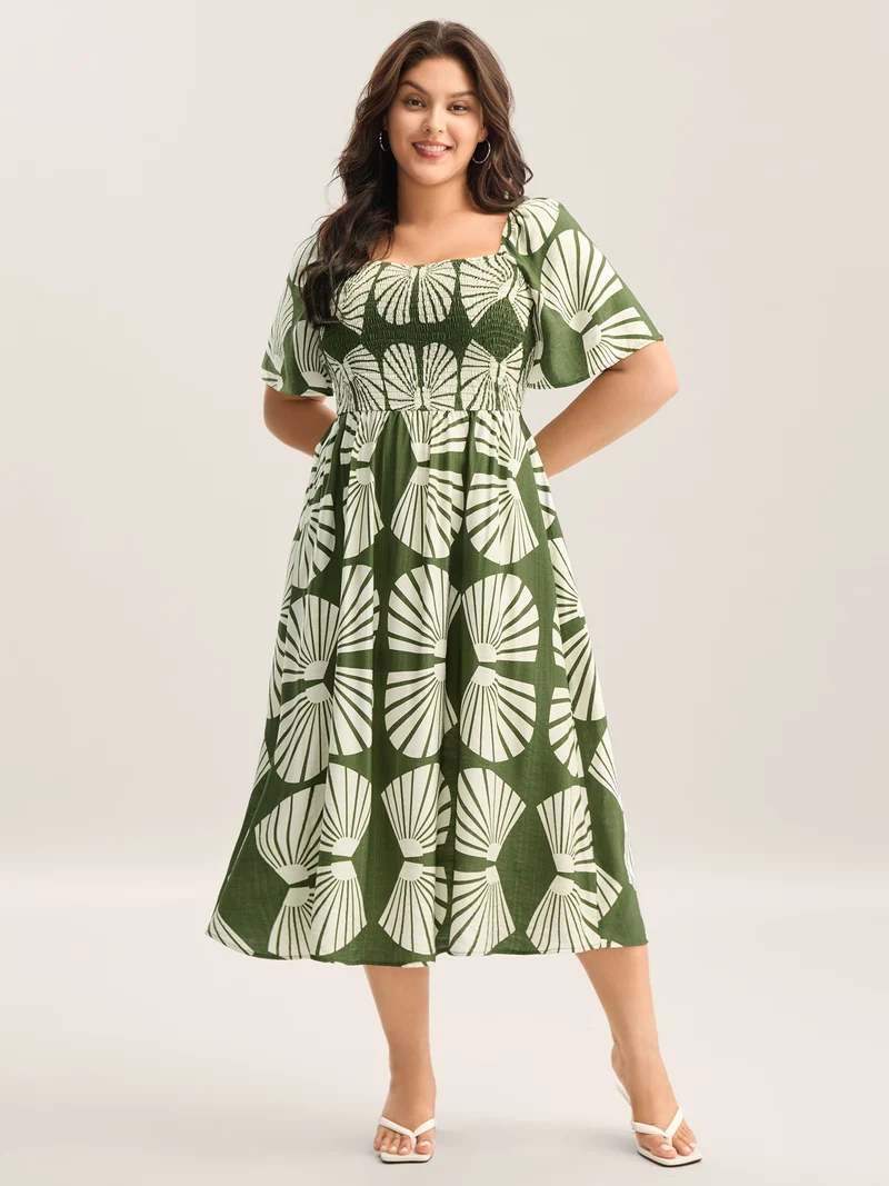 Geometric Print Square Neck Cinched Midi Dress