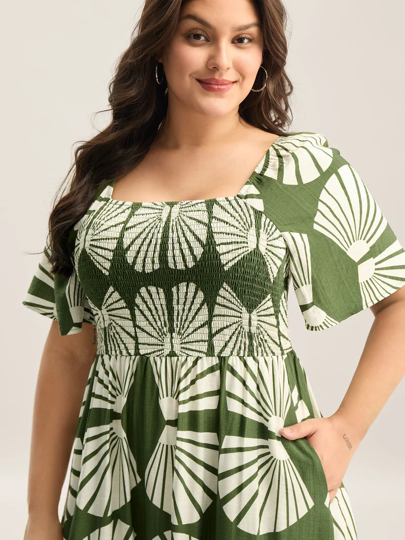 Geometric Print Square Neck Cinched Midi Dress