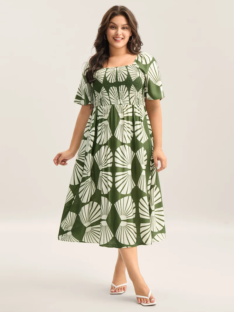 Geometric Print Square Neck Cinched Midi Dress