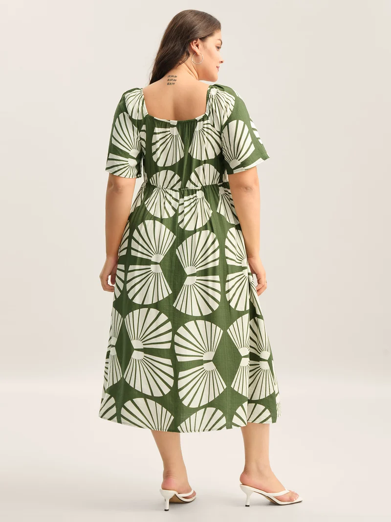 Geometric Print Square Neck Cinched Midi Dress