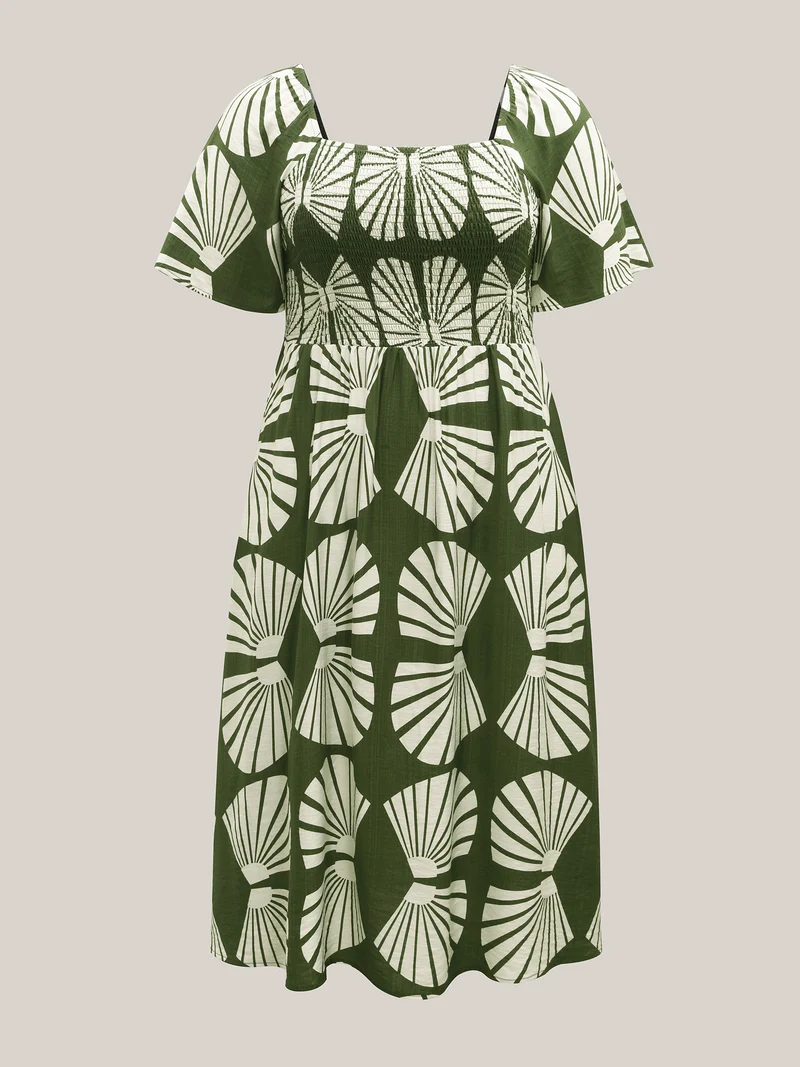Geometric Print Square Neck Cinched Midi Dress