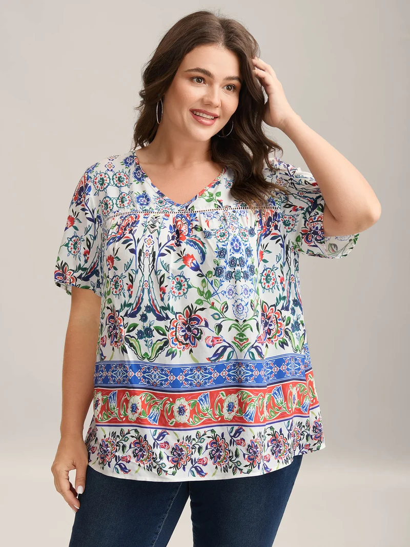 Rayon Floral Boho Print Lace Trim Blouse
